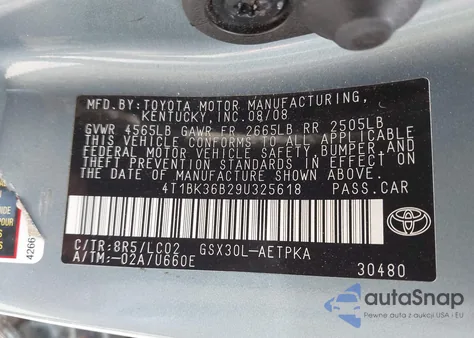 2009 Toyota Avalon Limited z USA, uszkodzony, nr VIN 4T1BK36B29U325618
